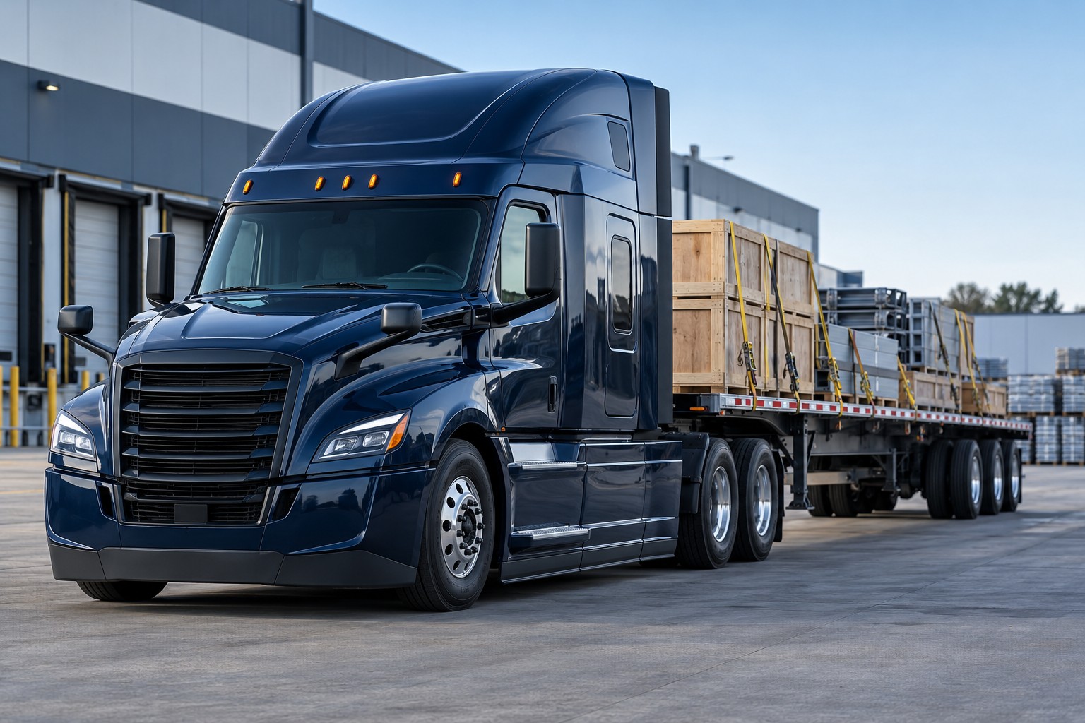 Illustrative view of a flatbed truck with secured industrial freight